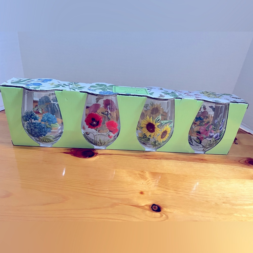 NEW Portmeirion Botanic Garden 19 oz Stemless Wine Glasses, Set of 4